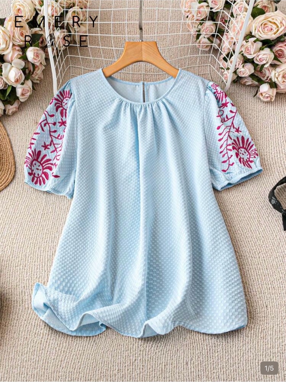 SHEIN Curve Light Blue Blouse with Magenta Embroidered Puff Sleeves